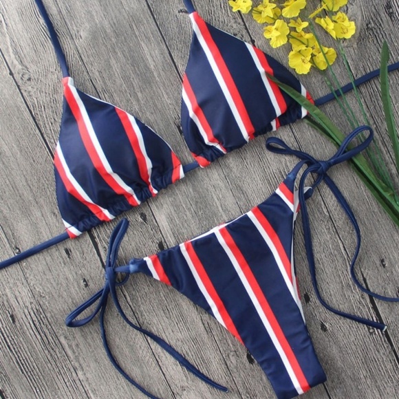 Red White Navy Stripe Bikini - Picture 3 of 4